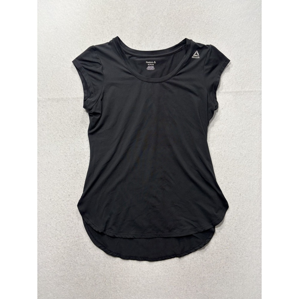 Reebok Shirt Womens Medium Black Scoop Neck Cap Sleeve Reflective Athletic Top